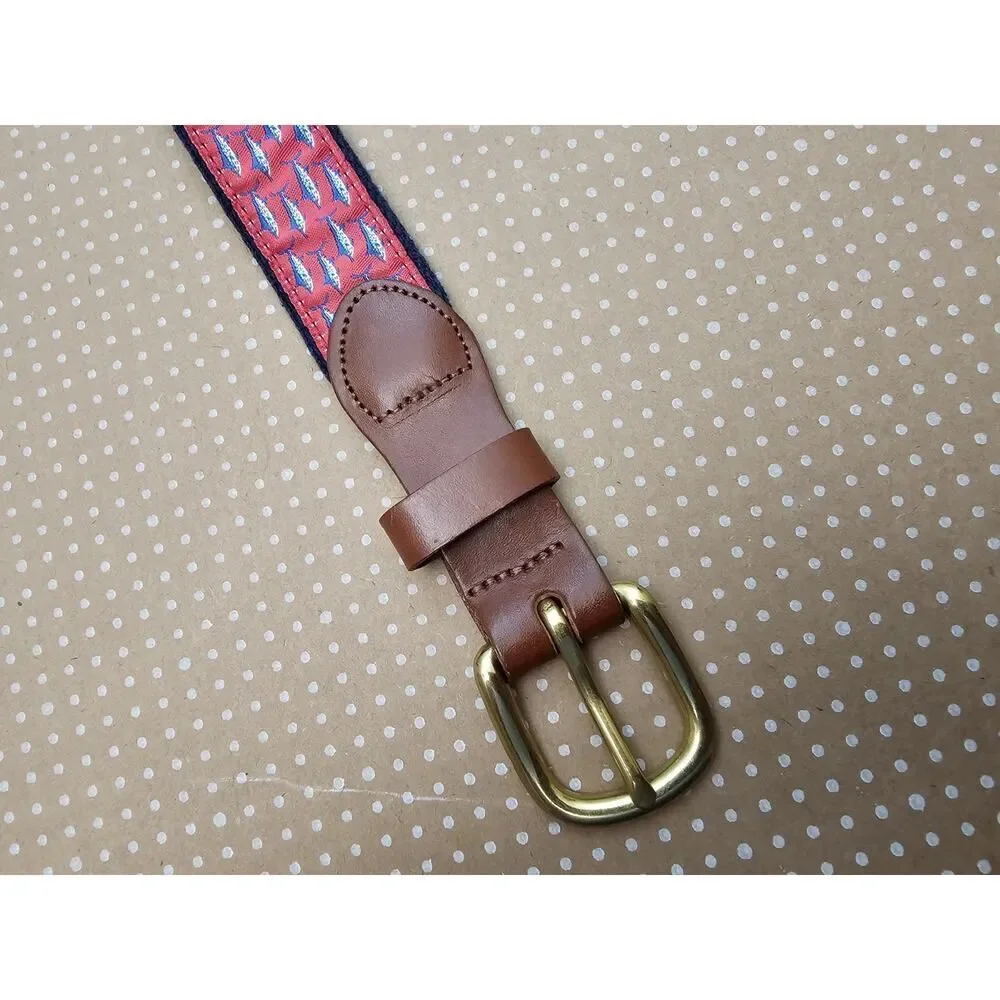 Leather Man LTD Essex CT USA Canvas Leather Fish Belt Mens Sz 32 Red Swordfish